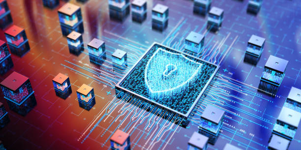 A visualization of the intersection between quantum computing (represented by the glowing light and grid) and security (the lock icon), within a global IoT network.
